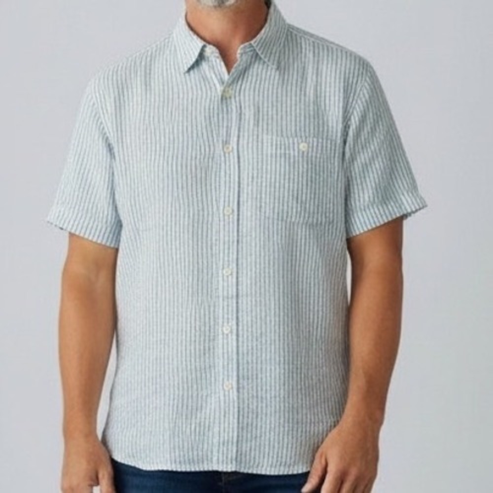Caribbean Joe Mens Large Blue White Striped 100% Linen Shirt nautical resort - Picture 1 of 6